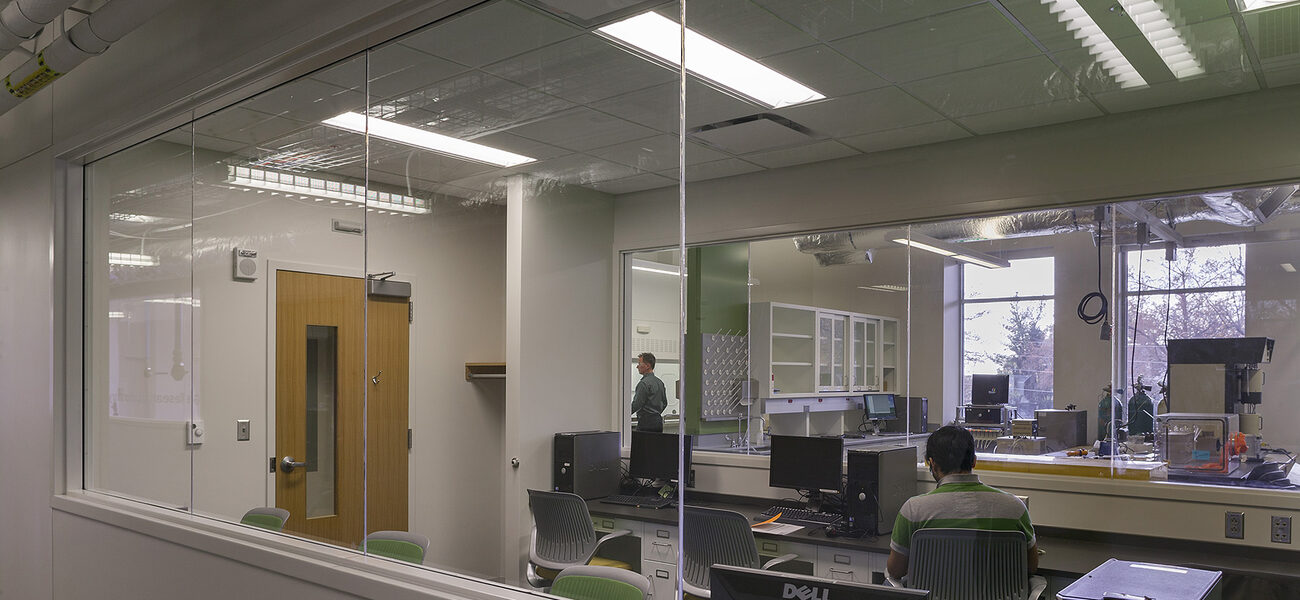 Graduate Student Shared Office Space with View of Wet Lab