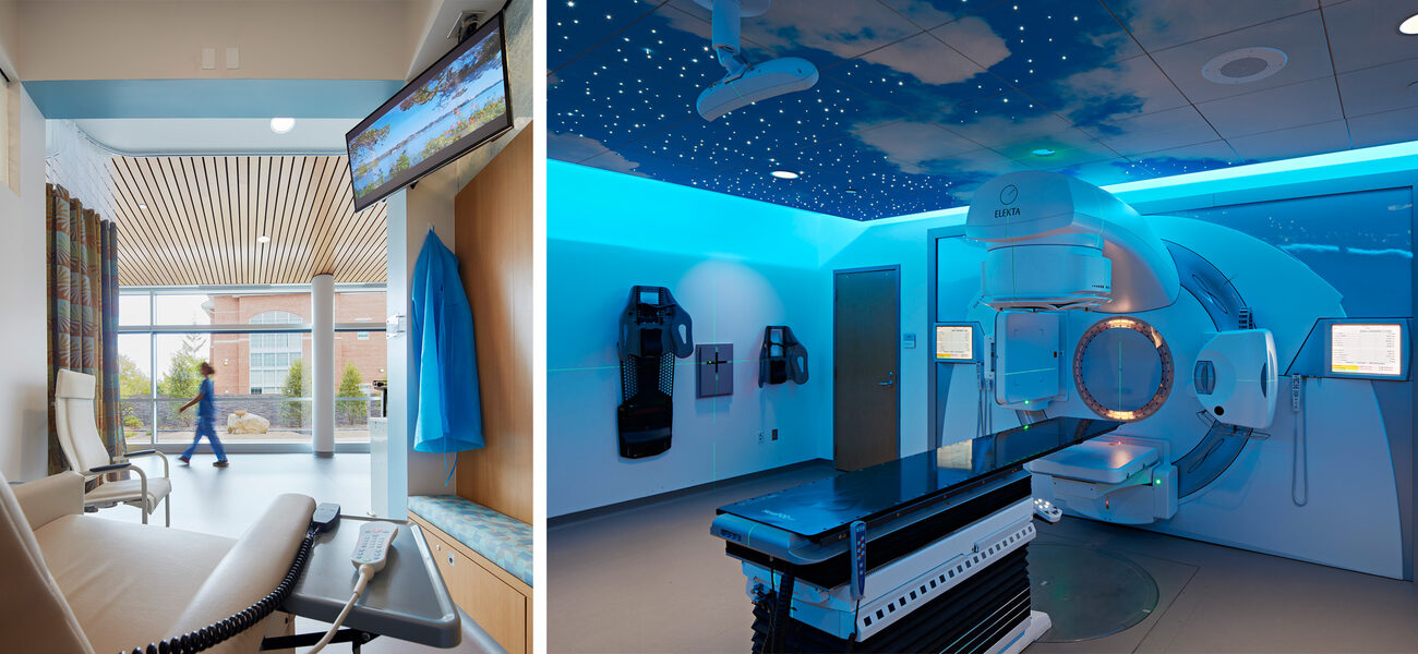 Infirsion bay (letf); Radiation therapy room with linear accelerator (LINAC)