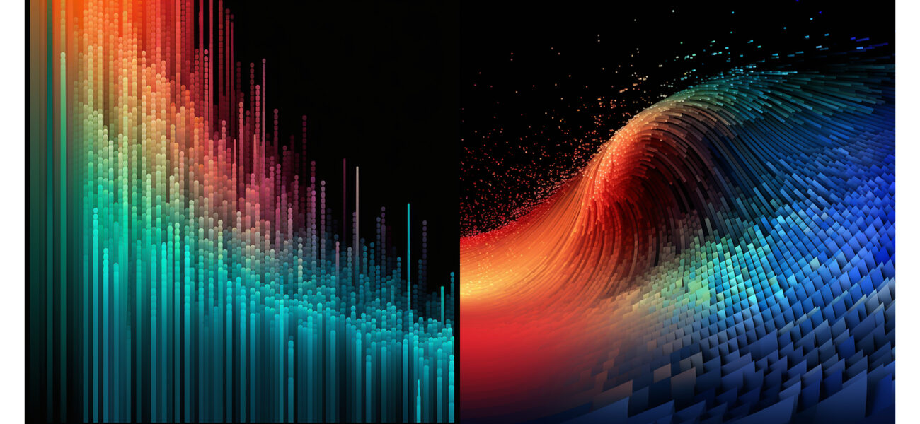 Two abstract images, one with multi-colored lines and the other with a multicolored swirl.