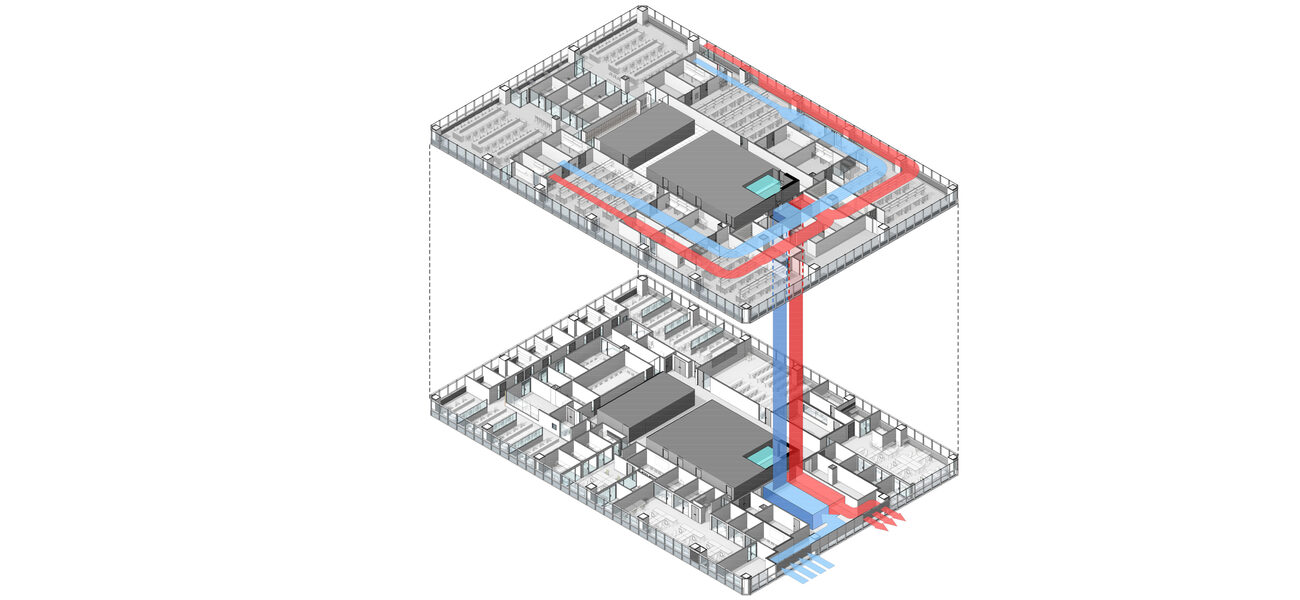 Architect's drawing that shows te vertical shafts carying mechanical and electrical services to the lab floor.