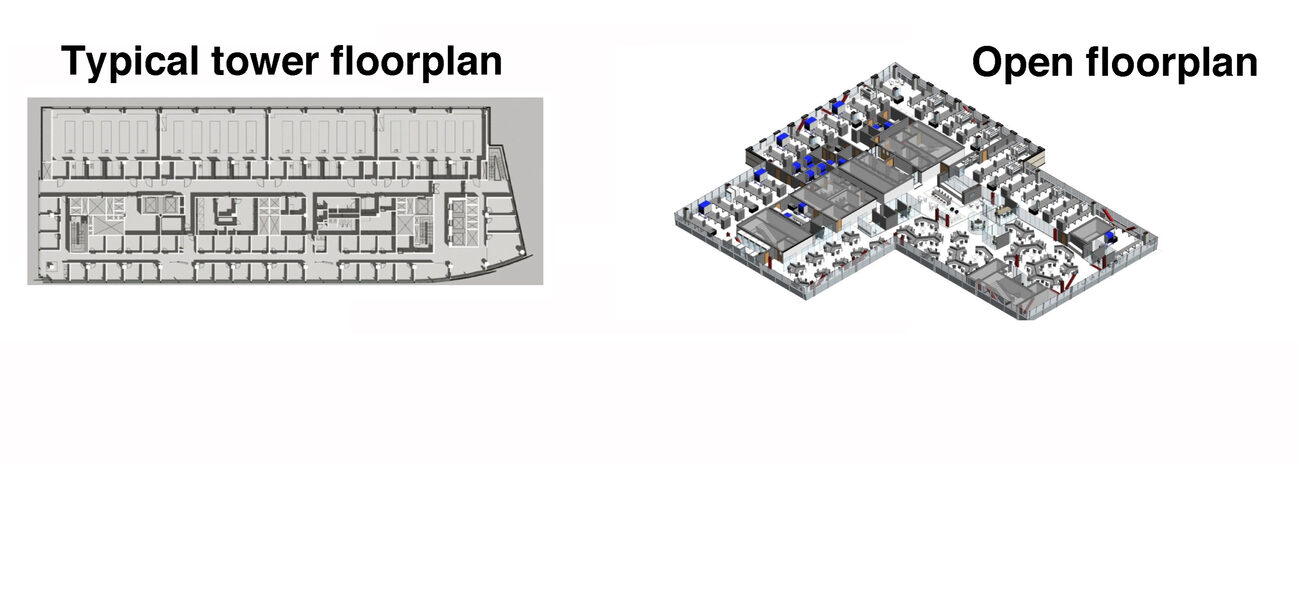 Image on left shows an architectural drawing of a closed floorplan with small labs separated by walls; image on the right shows an architectural drawing of an open lab, with benches arranged in a large space with few walls.