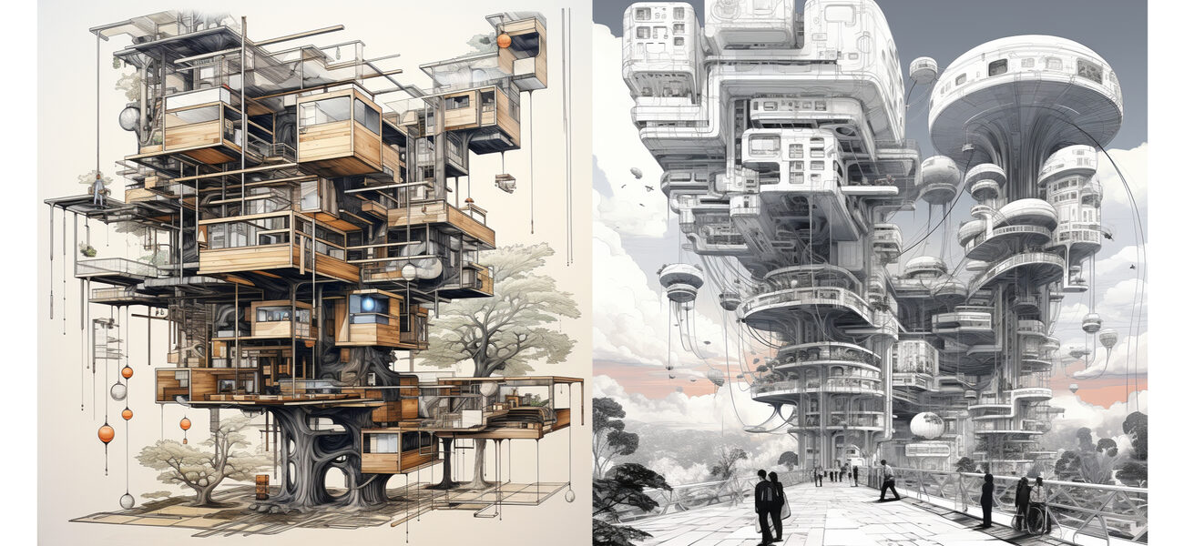 Two AI-generated images of what buildings artificial intelligence may design in the future.