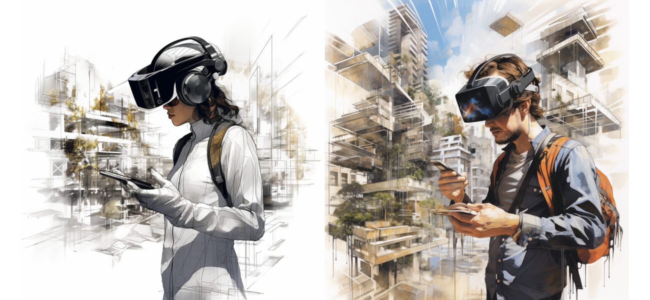 Two AI-generated images of what it might look like for an architect to wear a VR helmet while designing a new structure. They stand in front of drawnings of an imagined facility.