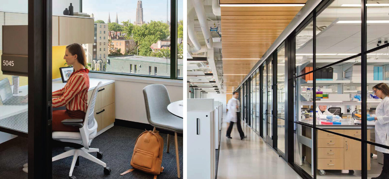 Left image shows a woman working at a desk; right image shows people working in a lab
