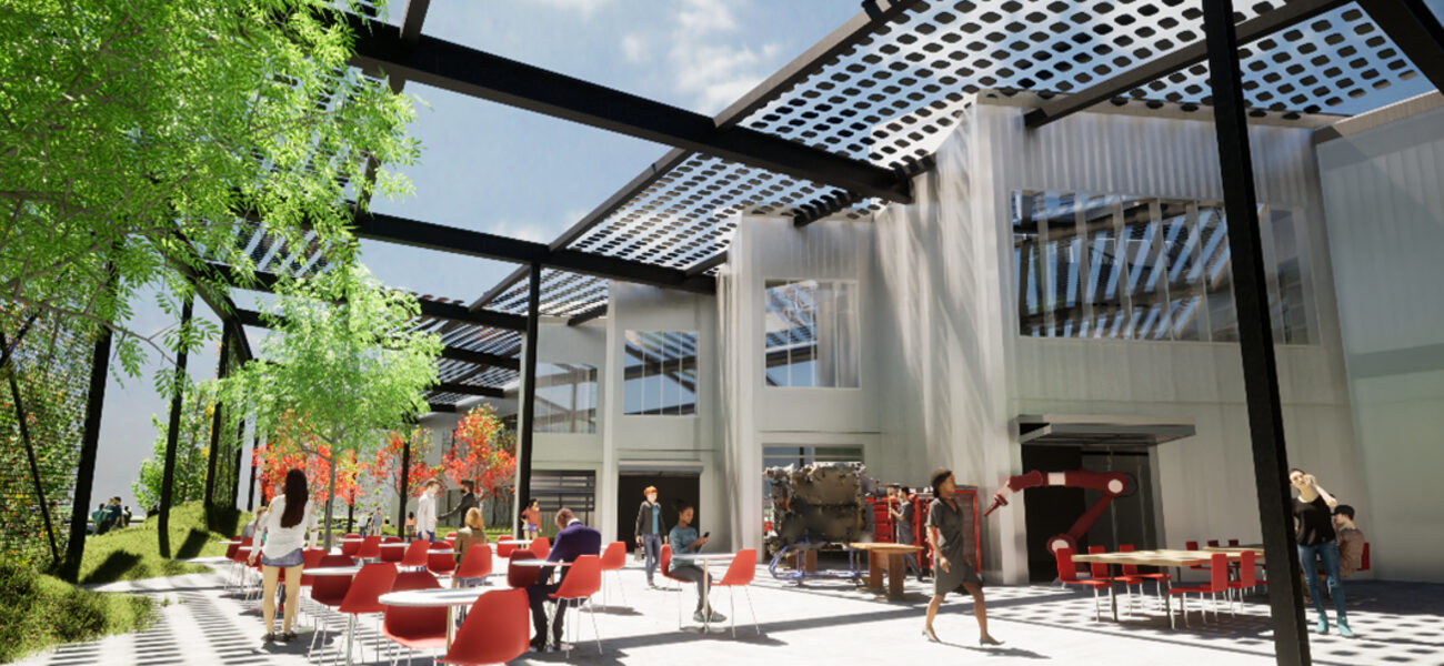 Architect's drawing of people mingling on a patio with tables and chairs, outside a modern building.