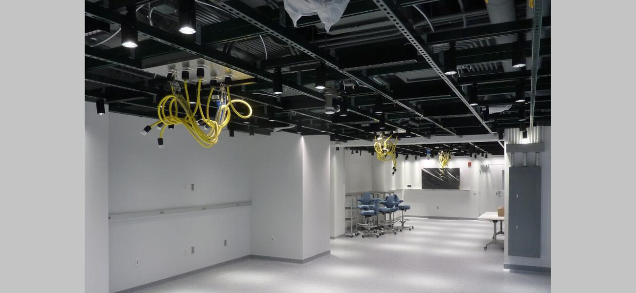 Detachable cables hang in coils from a ceiling-mounted grid system.