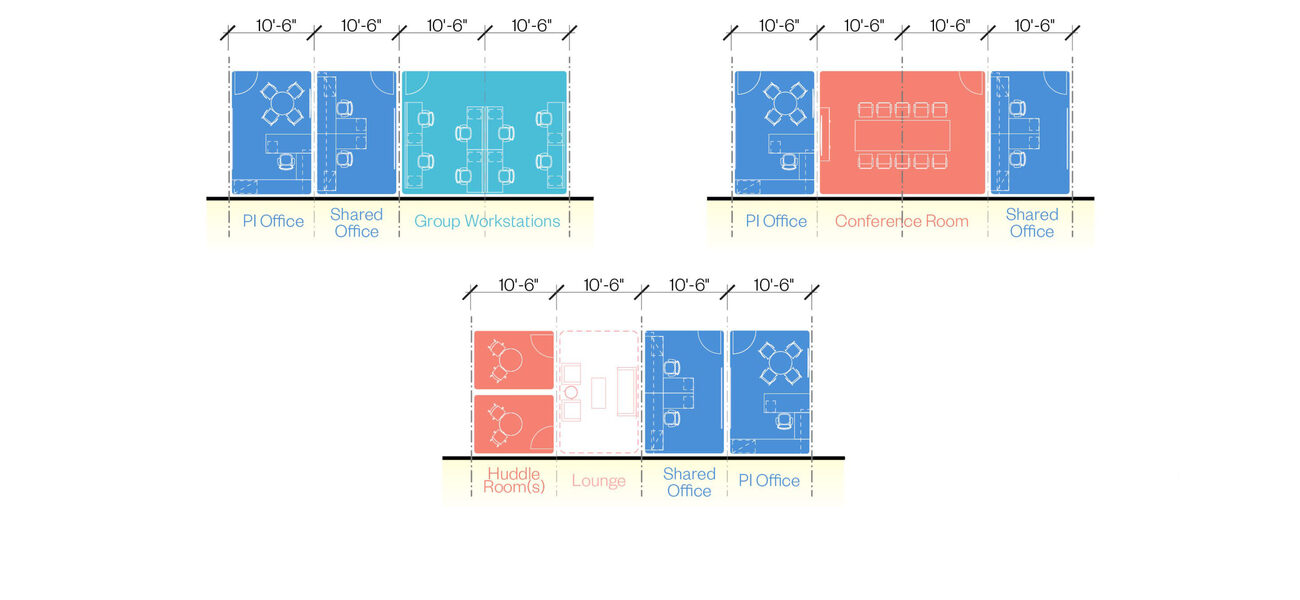 Drawins showing how furniture can be arranged mulitple ways in the same space.
