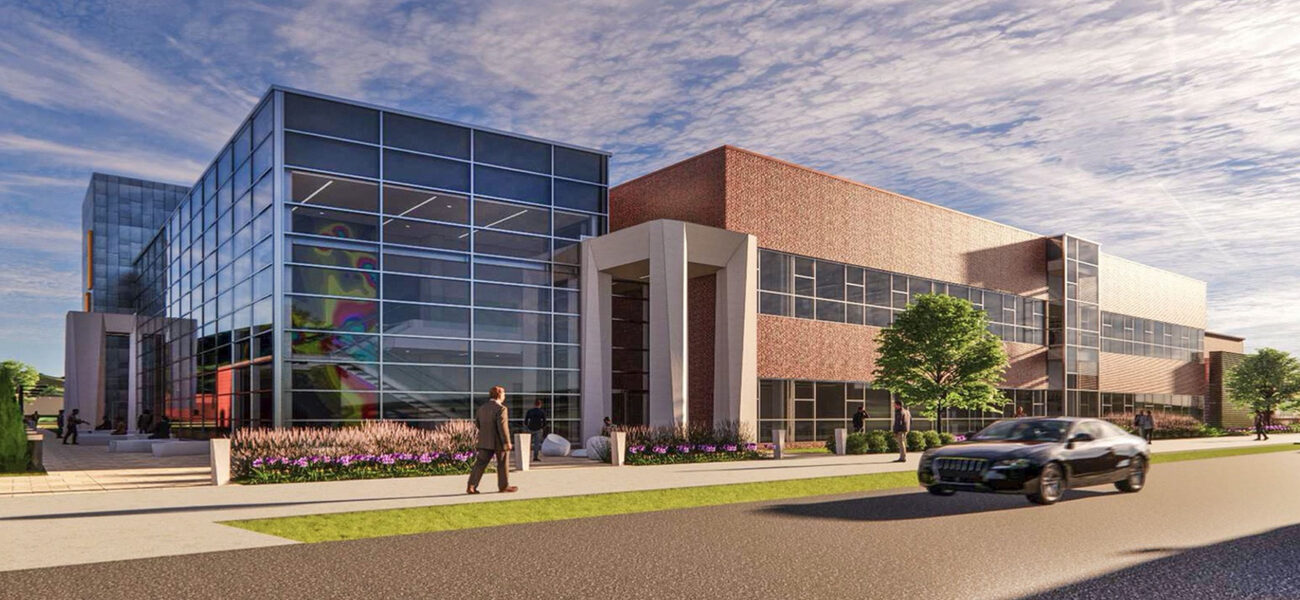Building exterior, half brick, half glass