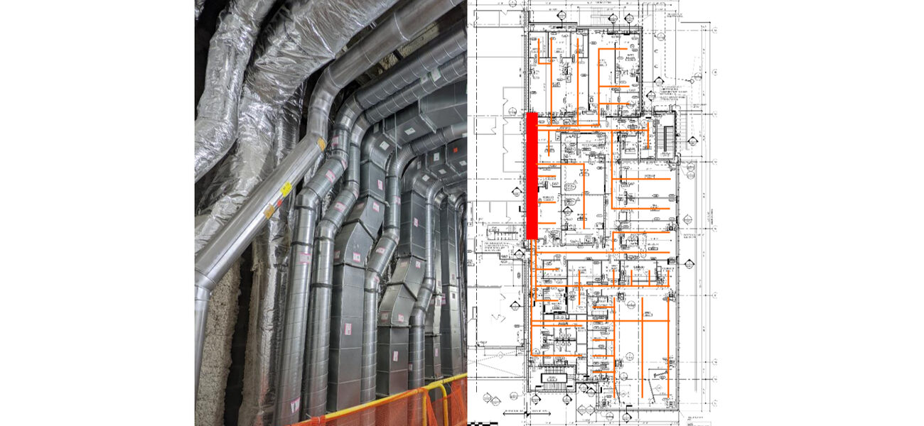 multiple pipes and metal shafts lined up along a single wall, alongside an architect's drawing of where they are in the building