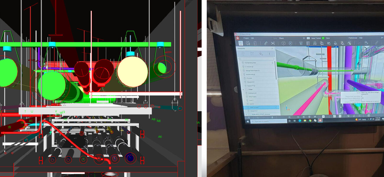 Computer screens show where pipes are laid in abuilding plan.