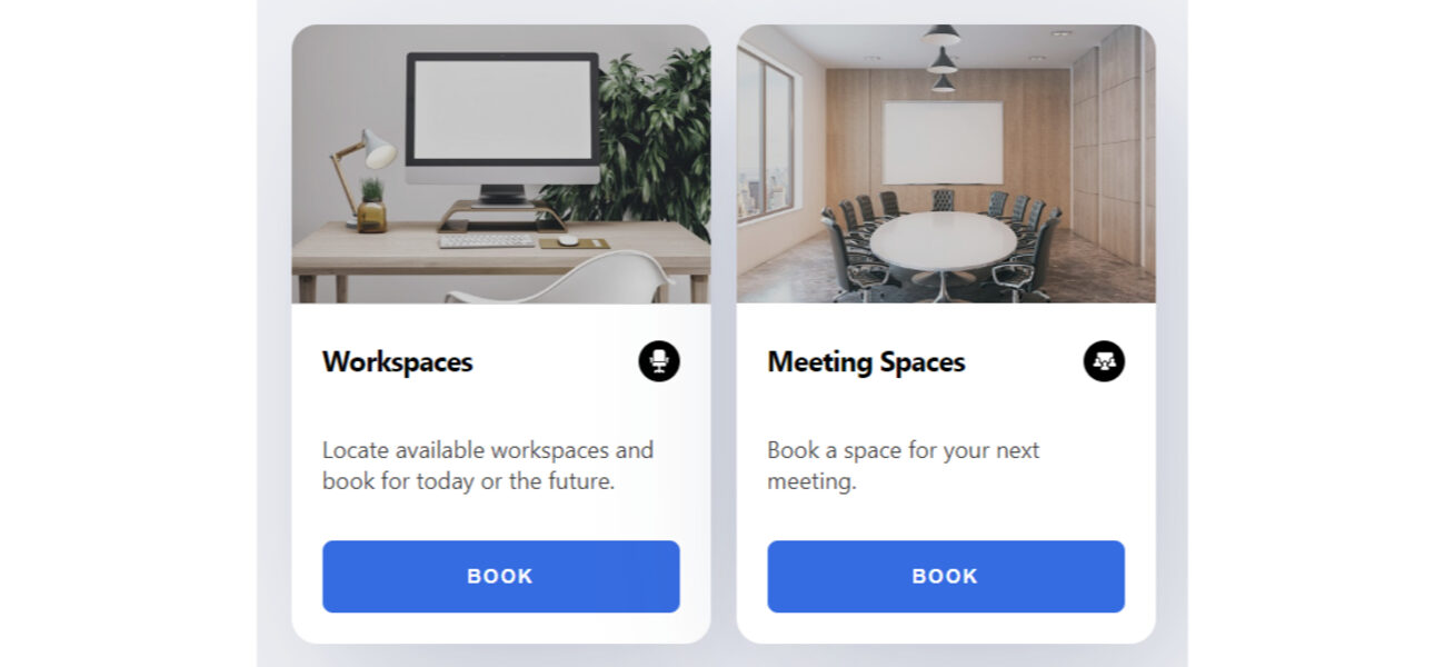 Side-by-sidep photos, one showing a single desk with a computer on it and another showing a room with a round table surrounded by chairs and a screen on the wall behind it.