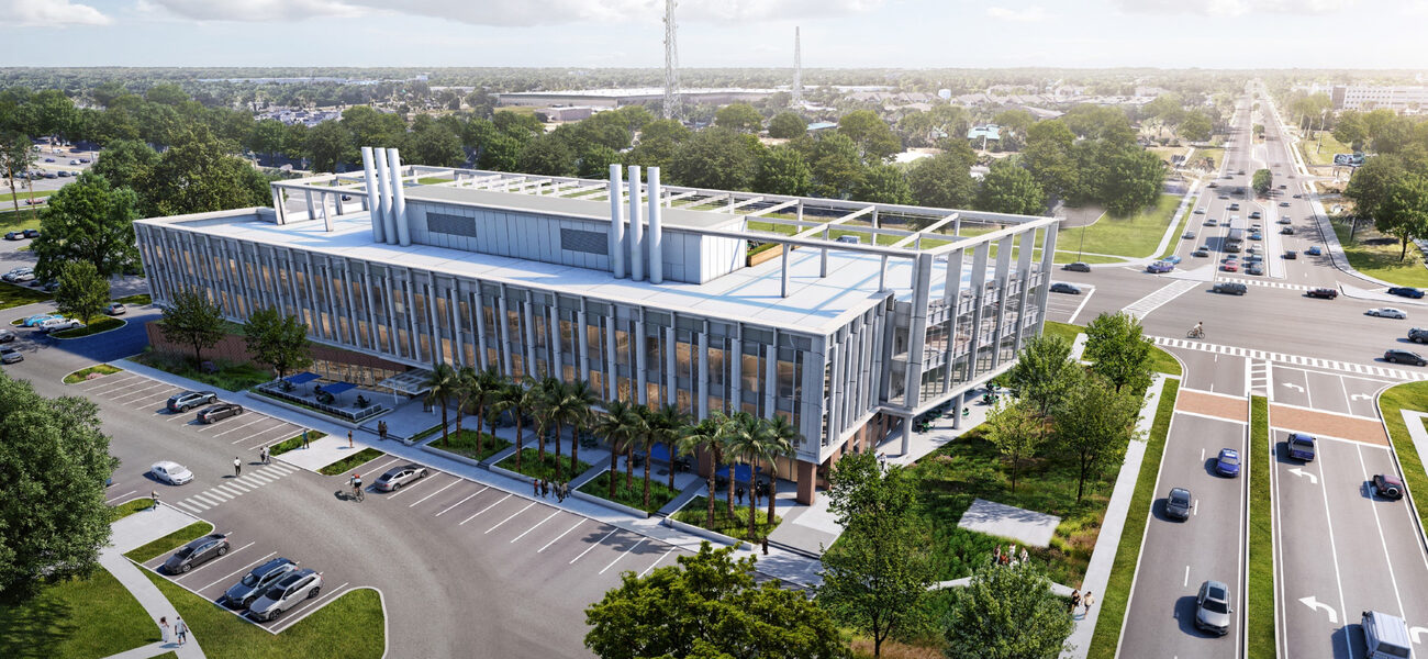 Building exterior with parking lot in front