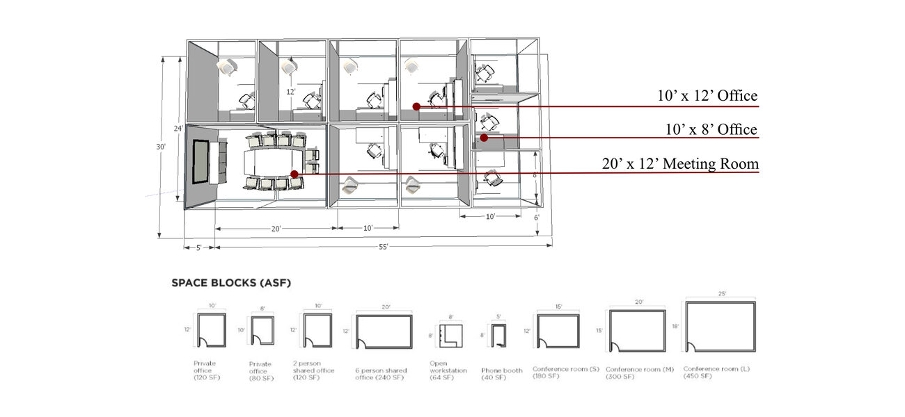 Diagram of a floor plan shopwing where offices and meetings room are located