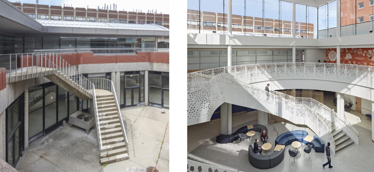 Two photos comparing a dingy unused courtyard to one that is covered, cleaned, and furnished