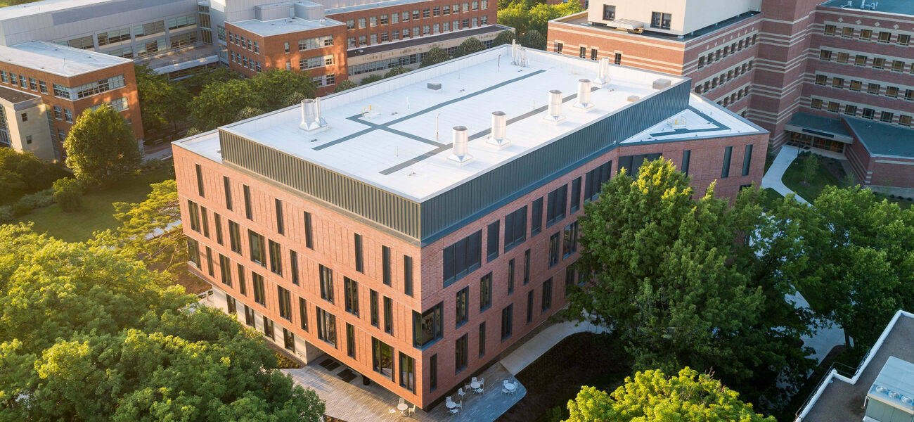 Aerial view of a b uilding constructed mostly of brick