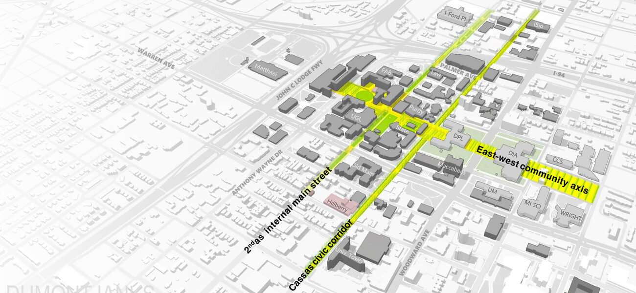 A map of the universoty campus showing two long parallel roads running through it, bisected by a shorter road.