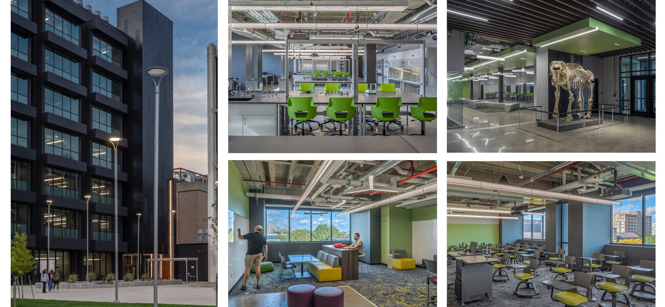 Five images showing the exterior of a building and interior spaces.