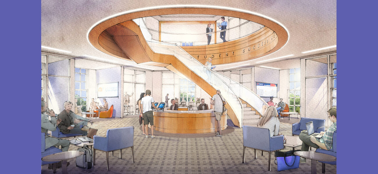 Large open space with a larthe staircase in the middle and people milling around.