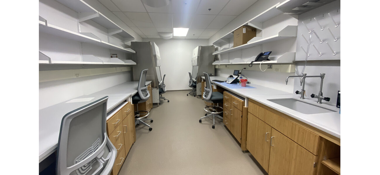 Narrow room with lab benches on either side, a sink, and five chairs.