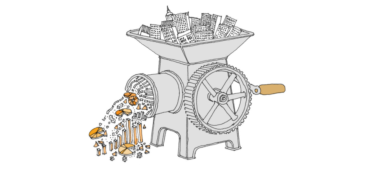 Illustration of buildings being fed into a meat grinder.