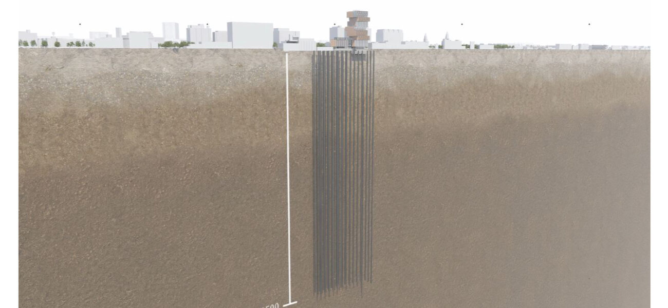 Illustration of the series of pipes drilled very deep under a high-rise building.