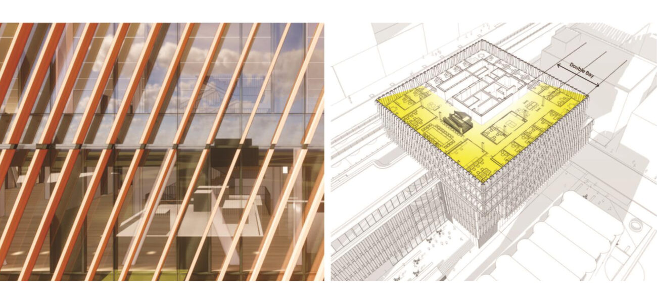 One images shows an array of diagonal lourves over a wall of glass; the other is a diagram illustrating how far into the building light from that façade can penetrate.
