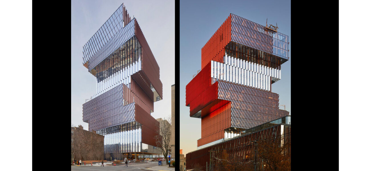 Two views of a tall glass building whose floors are stacked irregularly.