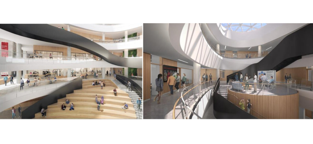 Two views of people gathering in hallways and staircases.