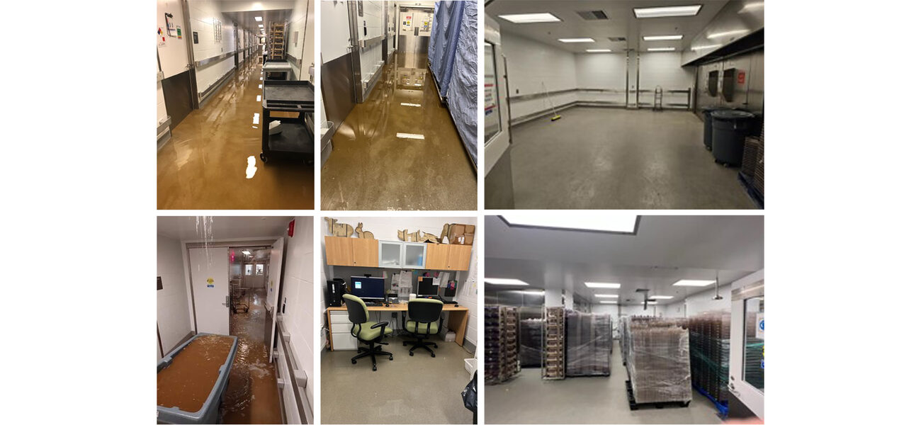 six photos showing flooded labs, offices, and hallways.