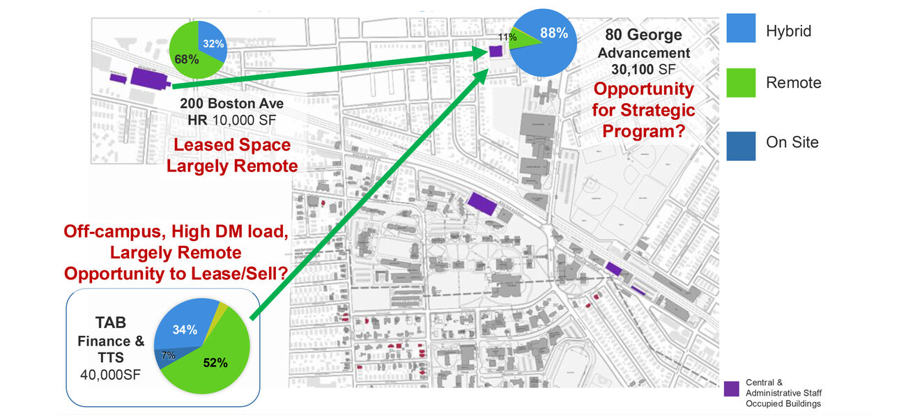 Campus map showing where space is being consolidated.