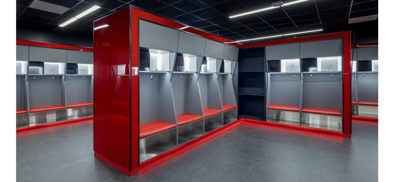 Locker room with lockers in the center and along the walls