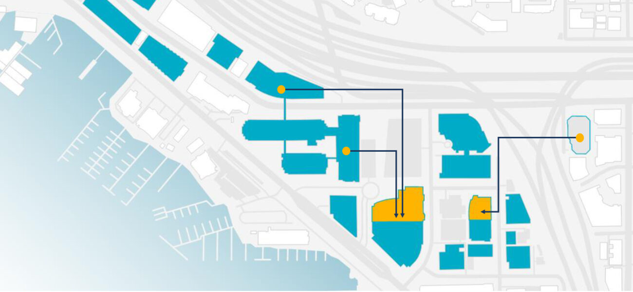 A diagram with dots showing buildings on a map, and arrows pointing to other buildings