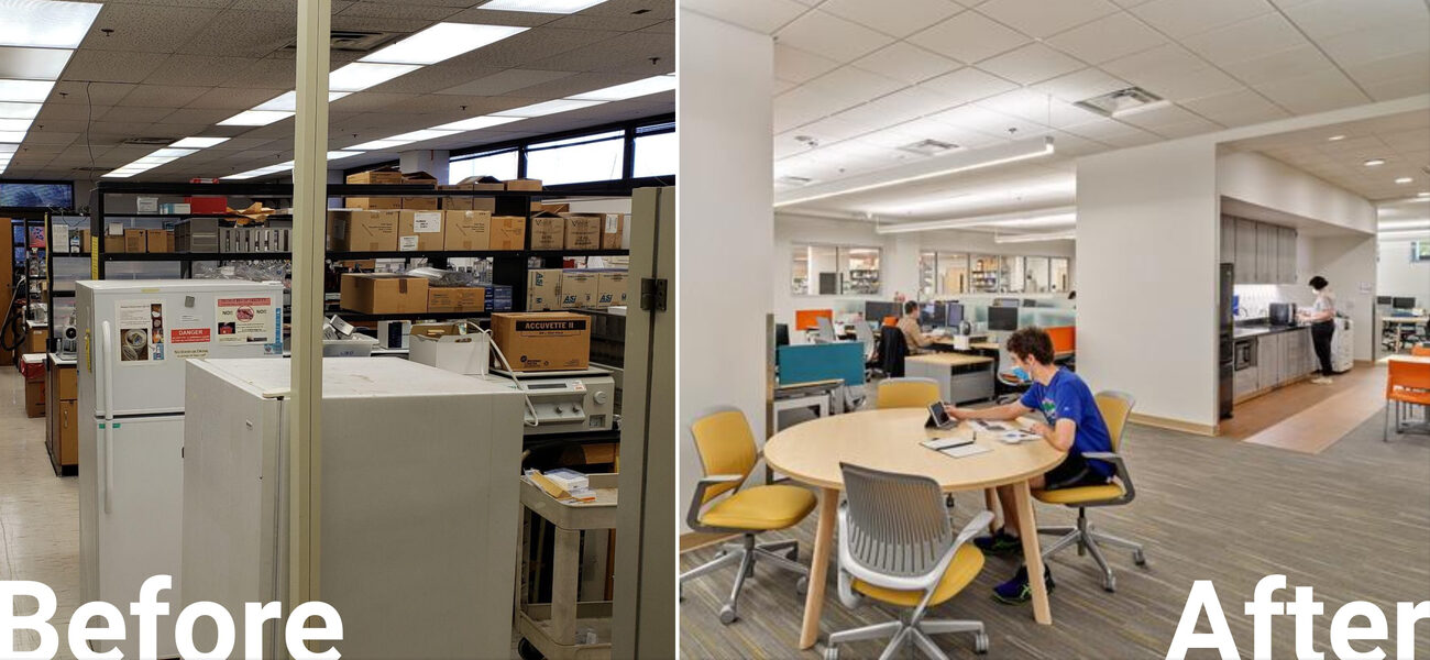 Cramped laboratory filled with boxes next to a lab with space for tables and chairs