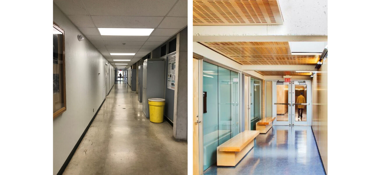 For comparison, one long hallway lined with walls and windowless door; then other hallway lined with glass cases and benches.