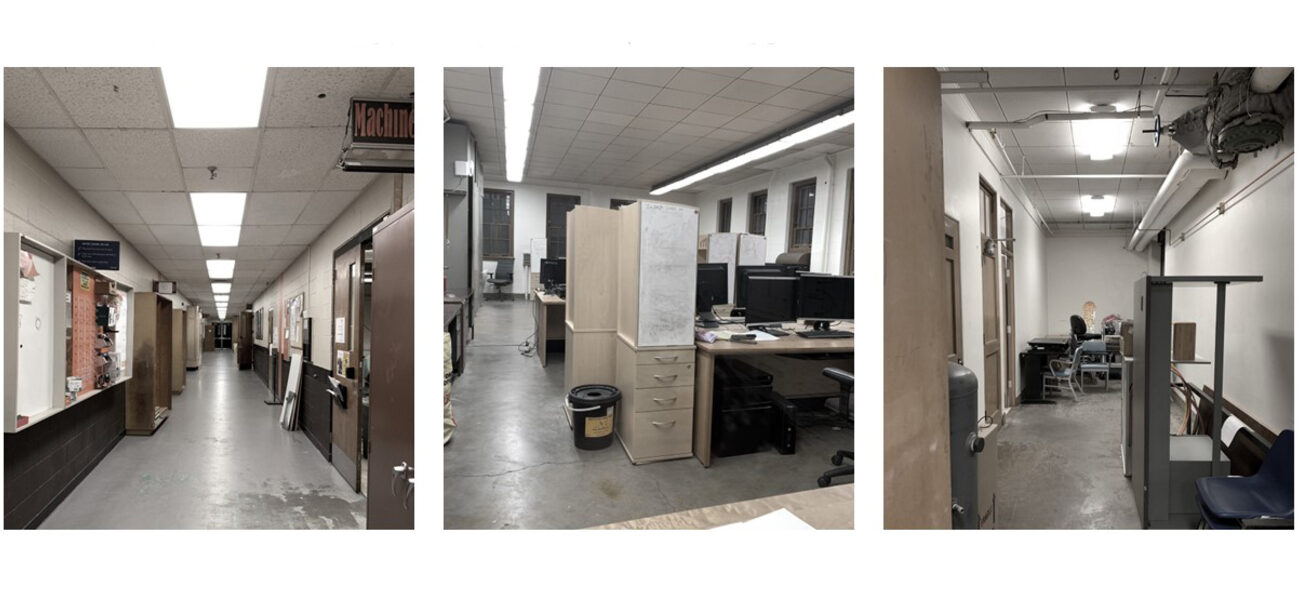 Three examples of dark, dingy spaces, including a hallway, a lab, and an office.