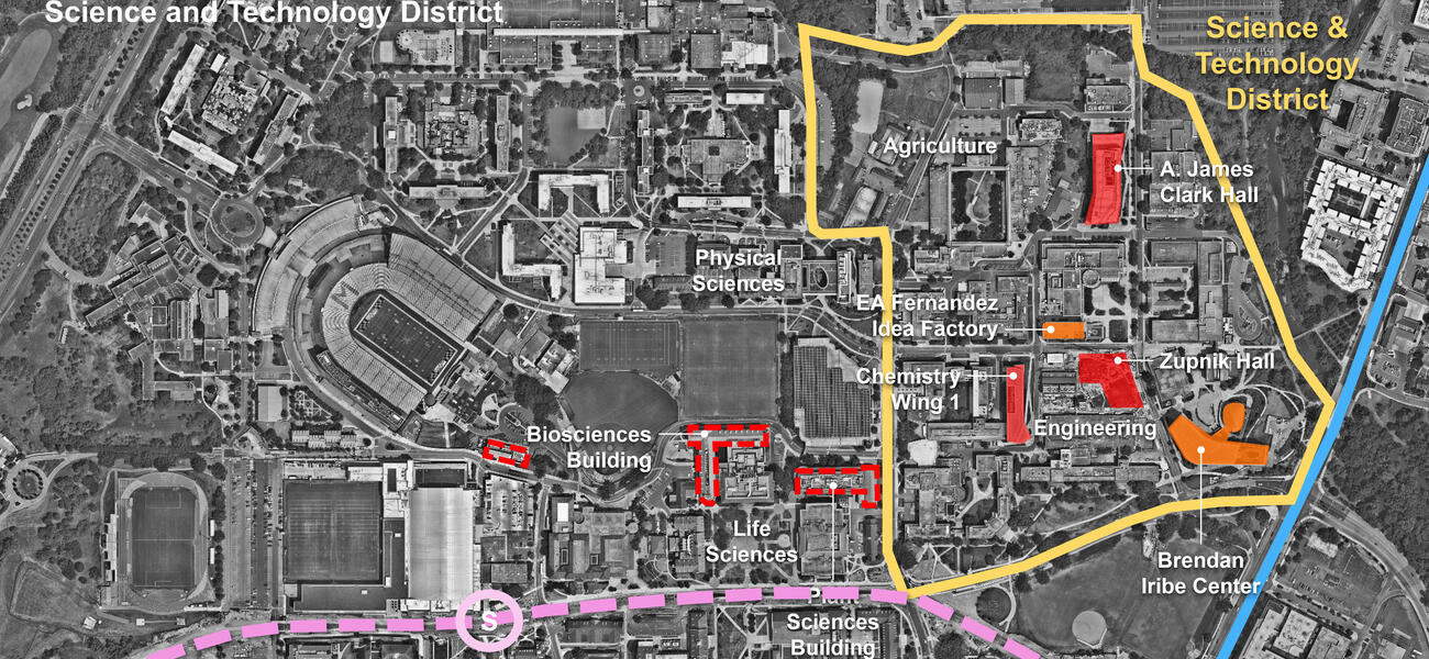 Map with lines around five buildings.