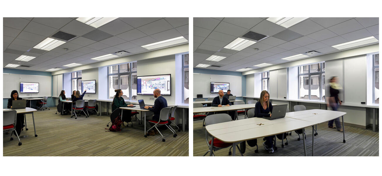 Men and women sitting at different-sized tables, working on their laptops.