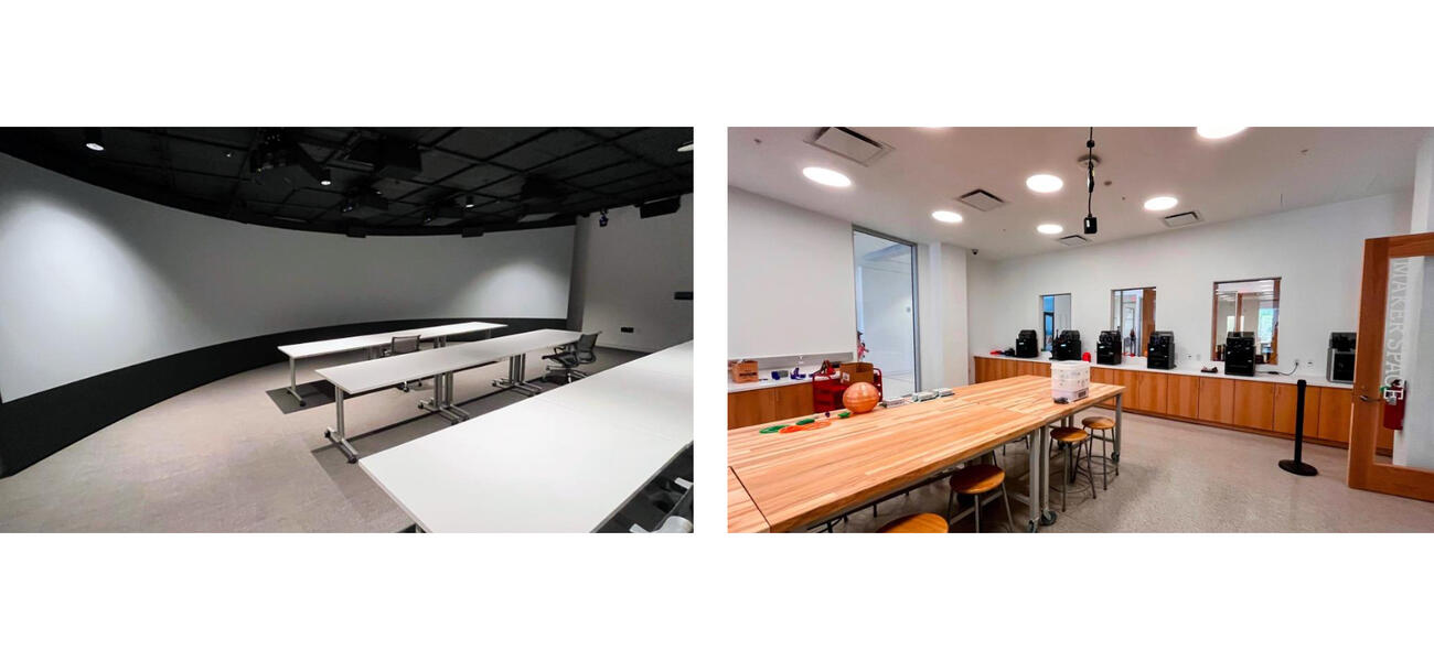 One image shows a room with three long tables in front of curved screen; the othner image shows a room with one long table with stools under it.