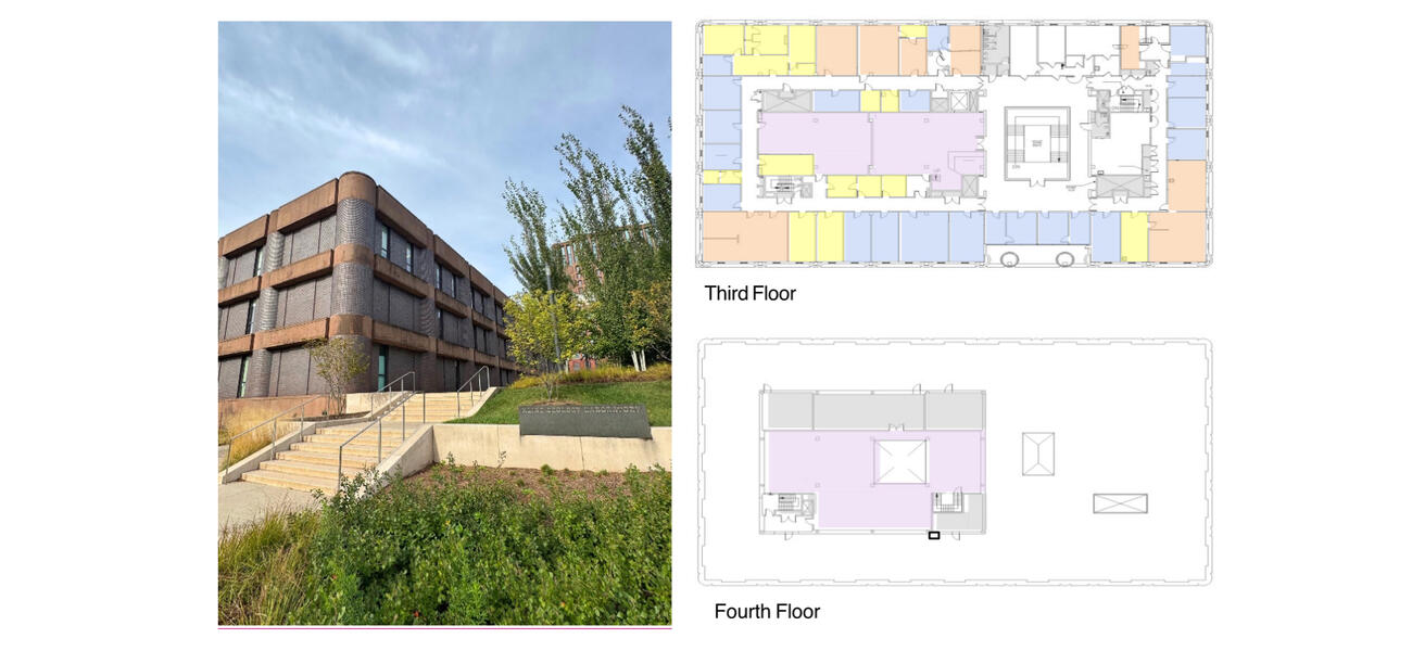 A photo shows the exterior of a building constructed of bruck and concrete with small narrow windows; another image is a diagram showing how the spaces inside are laid out.
