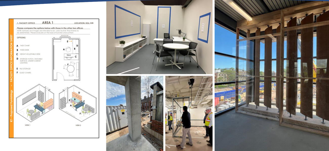 A diagram of how different spaces can be configured, next to photos of how they will look in real life.