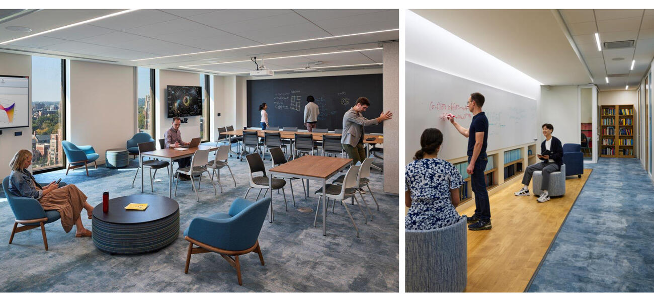 One photo shows a large room with people sitting in comfortable chairs while others stand at a chalkboard. Another photo show people sitting in a narrow space while another person writes on a wall.