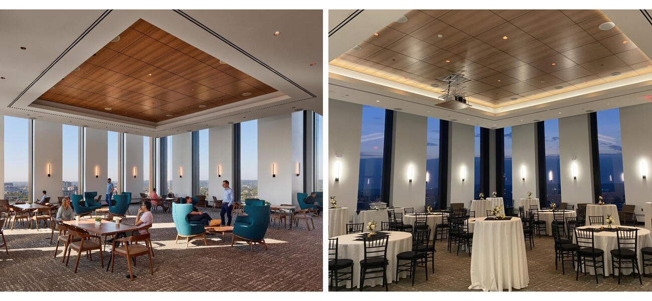Two photos showing the same large room, one with it set up with wsorktables and comfortable chairs, and one showing it with tables covered in tabelcloths surrounded by dining chairs.