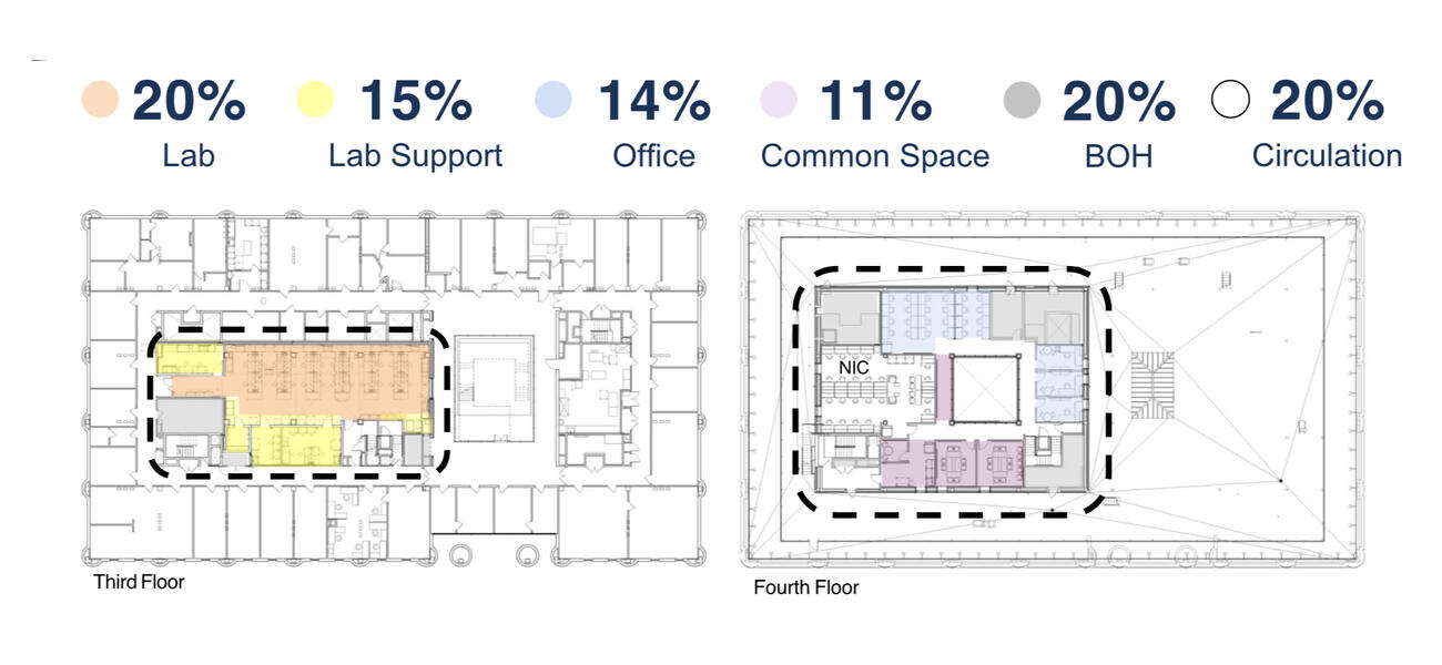Diagrams show how two floors of a building are laid out with different kinds of spaces.
