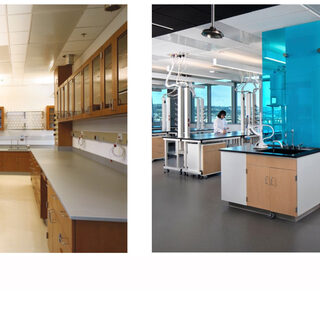 Image on left shows lab benches in a cramped space with no windows; on the right is an open space containing lab benches in front of a wall of windows.