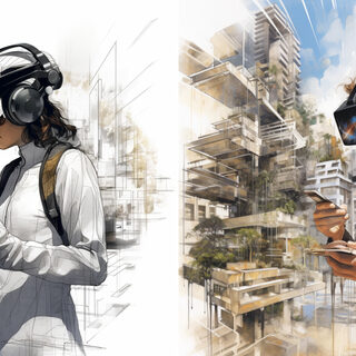 Two AI-generated images of what it might look like for an architect to wear a VR helmet while designing a new structure. They stand in front of drawnings of an imagined facility.