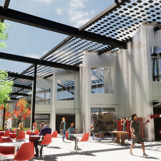 Architect's drawing of people mingling on a patio with tables and chairs, outside a modern building.