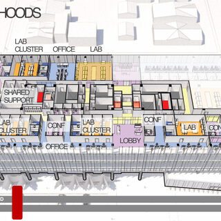 Architectural drawing of a lab that shows different kinds of spaces scattered around the floorplan.