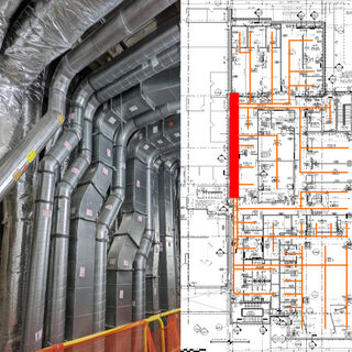 multiple pipes and metal shafts lined up along a single wall, alongside an architect's drawing of where they are in the building