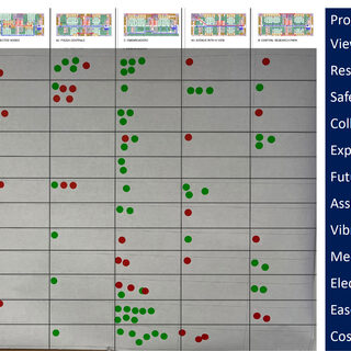 A chart covered in dots representing people's preferences for different design options