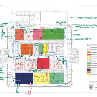Diagram of a lab layout marked up with handwritten notes